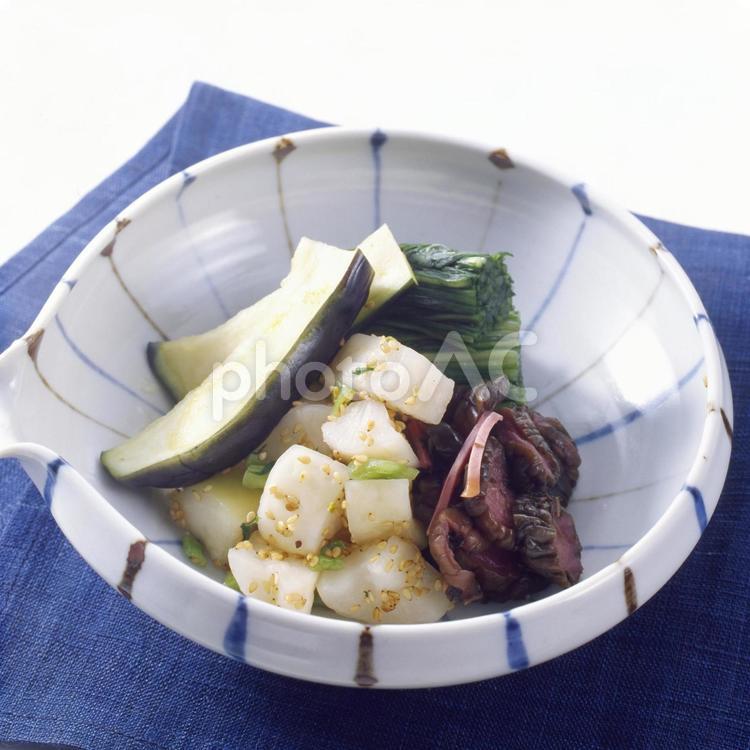 漬物　水なす　ごま大根　胡瓜しば漬け 漬物,盛り合わせ,水茄子の写真素材