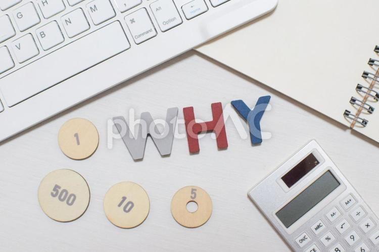 whyの文字とデスク周り③ なぜ,なぜなぜ分析,理由の写真素材