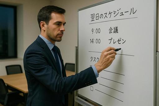ホワイトボードで翌日の予定を確認する男性の写真