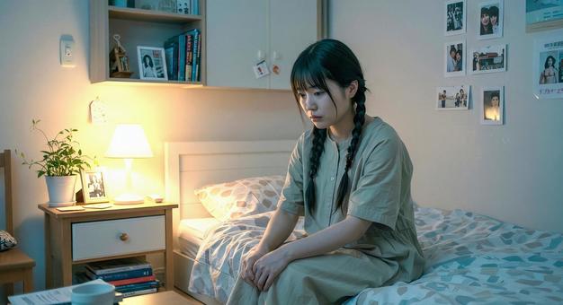 ベッドで悩む女の子 ベッドで悩む女の子の写真