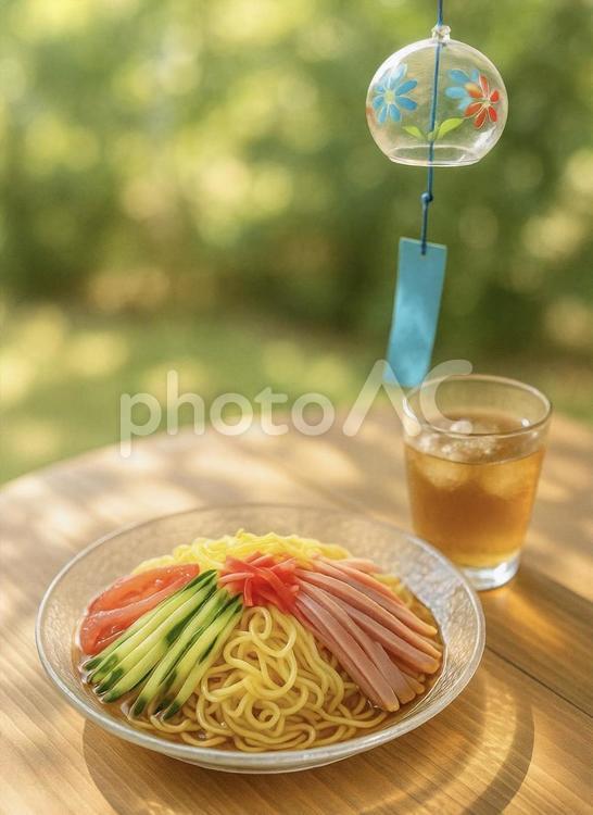 風鈴と冷やし中華と麦茶の夏ごはん 冷やし中華,麦茶,風鈴の写真素材