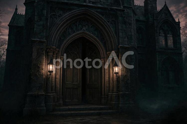 夕暮れ時の西洋ゴシック風洋館 洋館,西洋,夕暮れの写真素材