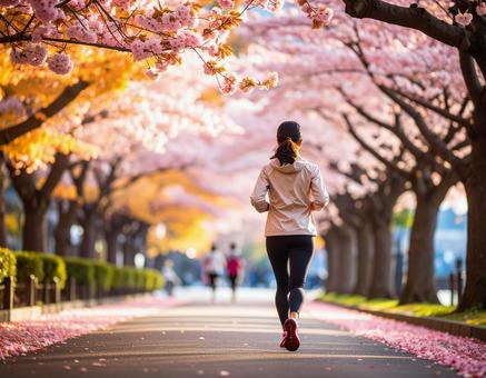 桜並木を走る女性・後ろ姿 桜並木を走る女性・後ろ姿の写真