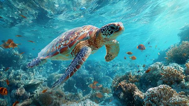 海洋生物の楽園で泳ぐウミガメ 海洋生物の楽園で泳ぐウミガメの写真