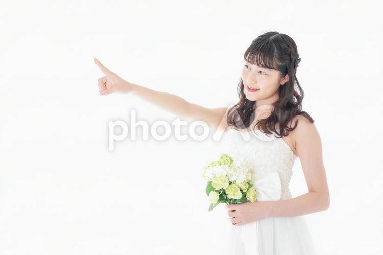 ブーケを持ち指差す花嫁の女性 白バック,指,示すの写真素材