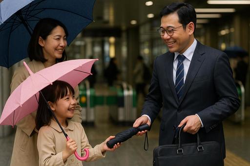 傘を届けに駅まで父を迎えに行った母娘の写真