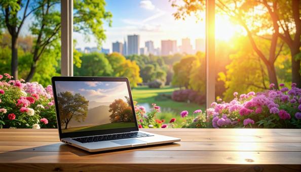 窓際に置かれたノートパソコン 窓際に置かれたノートパソコンの写真