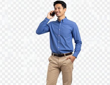 スマートフォンで通話する男性の透過画像の写真