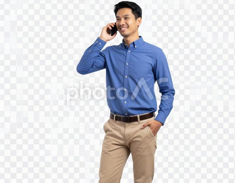 スマートフォンで通話する男性の透過画像 男性,通話,スマートフォンの写真素材