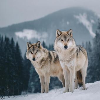 雪山に佇む二頭のオオカミ 雪山に佇む二頭のオオカミの写真