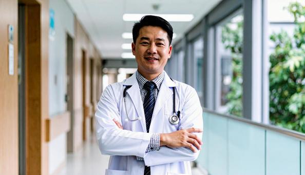 医療施設で働く白衣の日本人男性 医療施設で働く白衣の日本人男性の写真
