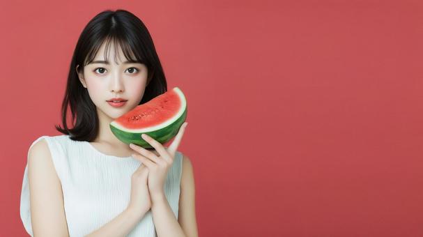 スイカを顔の近くで持つ女性 スイカを顔の近くで持つ女性の写真