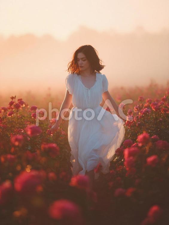 夕焼けに染まるバラ畑を歩く白ドレスの女性 女性,花畑,バラの写真素材