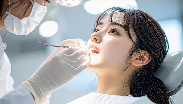 歯医者で診察を受ける女性 歯医者で診察を受ける女性の写真