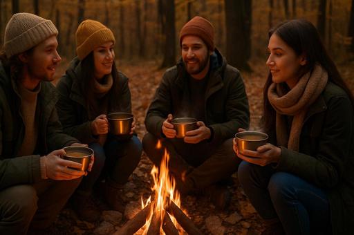 焚き火囲む秋のキャンプ風景の写真