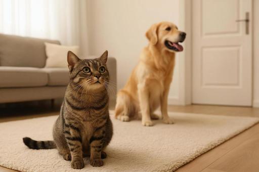 リビングにいる犬と猫 リビングにいる犬と猫の写真