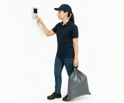 ゴミ袋を持ってインターホンを押す女性 ゴミ袋を持ってインターホンを押す女性の写真