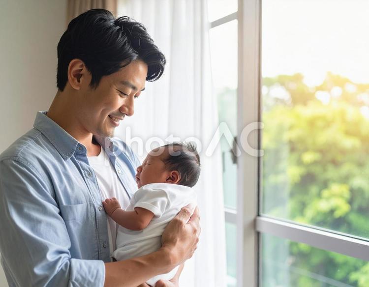 赤ちゃんを優しく抱く若い父親の微笑み 父親,赤ちゃん,抱っこの写真素材