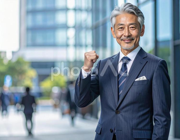 ガッツポーズする白髪の中年のスーツの男性 ビジネス,スーツ,社員の写真素材