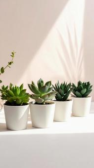 白い鉢に植えられた4つの多肉植物の写真