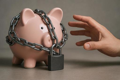 鎖に守られた貯金箱と伸びる手の写真