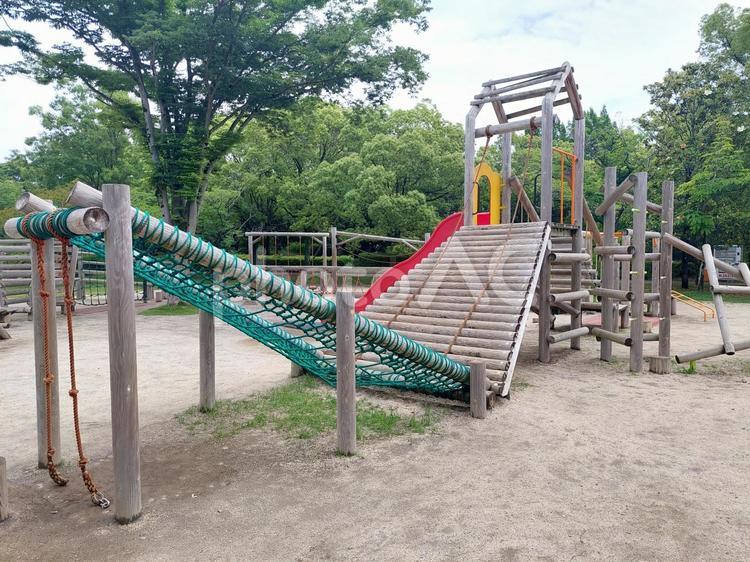 公園の木製フィールドアスレチック遊具 アスレチック遊具,遊具,複合遊具の写真素材