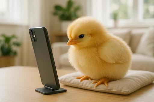 A chick looking at a smartphone screen with a serious expression, chick, birdie, tiny, JPG