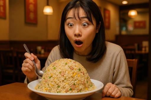 炒飯の大盛りに驚く日本人女性 炒飯の大盛りに驚く日本人女性の写真