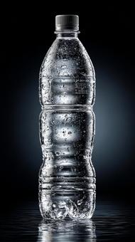 暗い背景に浮かび上がる透明な水ボトルの写真
