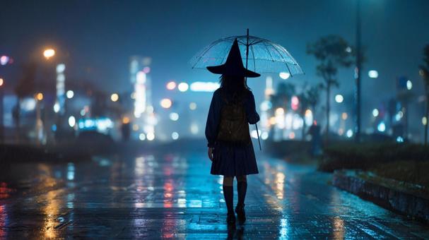 雨の街を歩く魔女 雨の街を歩く魔女の写真