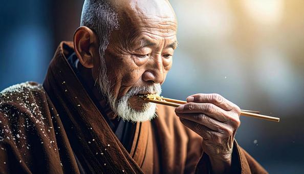 精進料理を食べる老いた僧侶 精進料理を食べる老いた僧侶の写真