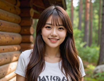 ログハウスの前での写真