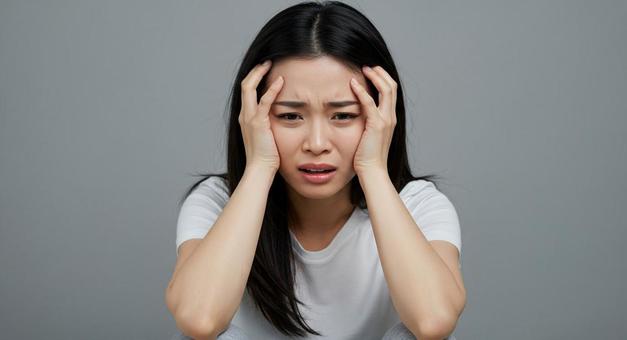 頭を抱えている女性じょの写真