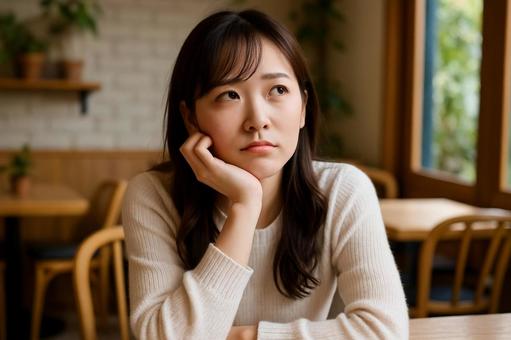 カフェで考え込む女性 カフェで考え込む女性の写真