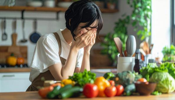 キッチンで顔を覆って落ち込む主婦の横顔 キッチンで顔を覆って落ち込む主婦の横顔の写真