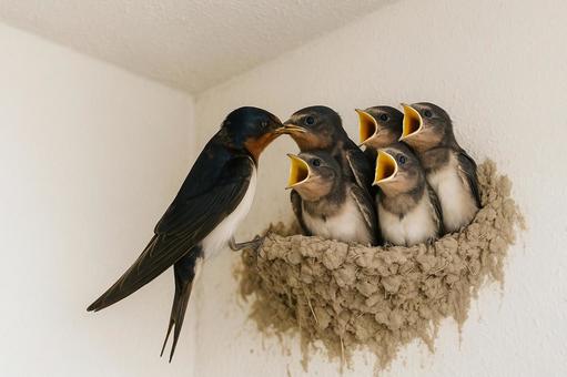 つばめの巣 5匹のヒナ鳥に餌を与える親鳥 つばめの巣 5匹のヒナ鳥に餌を与える親鳥の写真