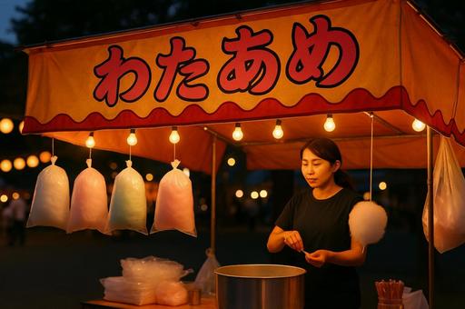 夏祭りの夜に営業するわたあめ屋台 夏祭りの夜に営業するわたあめ屋台の写真