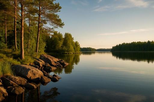 湖畔に映える森の風景の写真