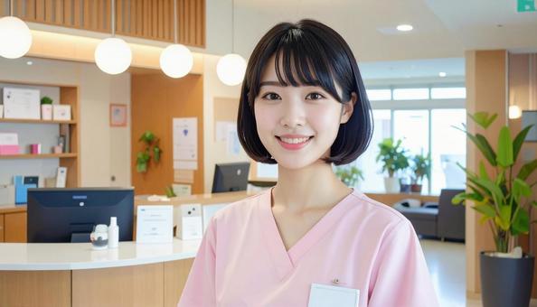 病院の受付をしている笑顔の女性の写真