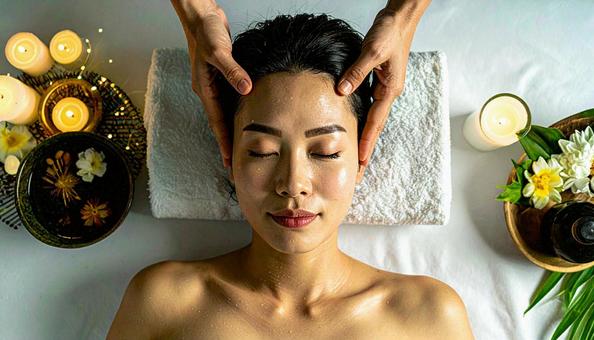 女性客のヘッドスパをするエステシャンの手 女性客のヘッドスパをするエステシャンの手の写真