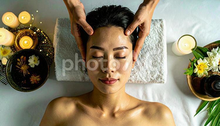 女性客のヘッドスパをするエステシャンの手 ヘッドスパ,マッサージ,ヘッドマッサージの写真素材