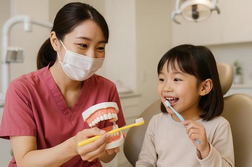 歯磨き指導を受ける女の子 歯磨き指導を受ける女の子の写真