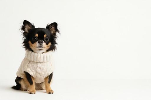 白背景でセーターを着たチワワ 横長 白背景でセーターを着たチワワ 横長の写真