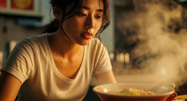 湯気立つラーメンを見つめる女性 湯気立つラーメンを見つめる女性の写真