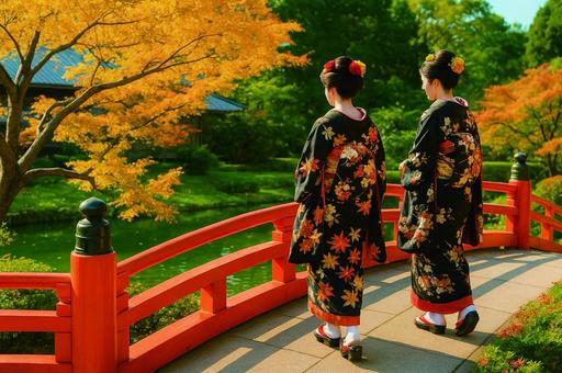 晴れた日の渡瀬橋を歩く着物の女性 晴れた日の渡瀬橋を歩く着物の女性の写真