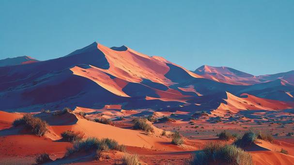 太陽の光が当たる砂漠の起伏ある地形の写真