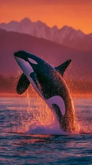 海から飛び出す雄大なオルカの写真