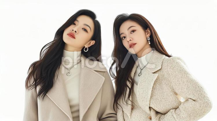 秋冬ファッションに身を包んだ美しい女性 女性,姉妹,美女の写真素材