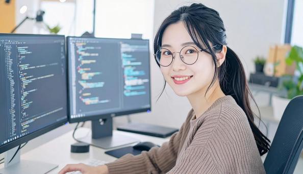 プログラミングをする女性エンジニア プログラミングをする女性エンジニアの写真