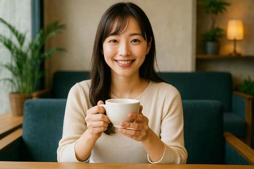 ソファ席で微笑む女性 ソファ席で微笑む女性の写真